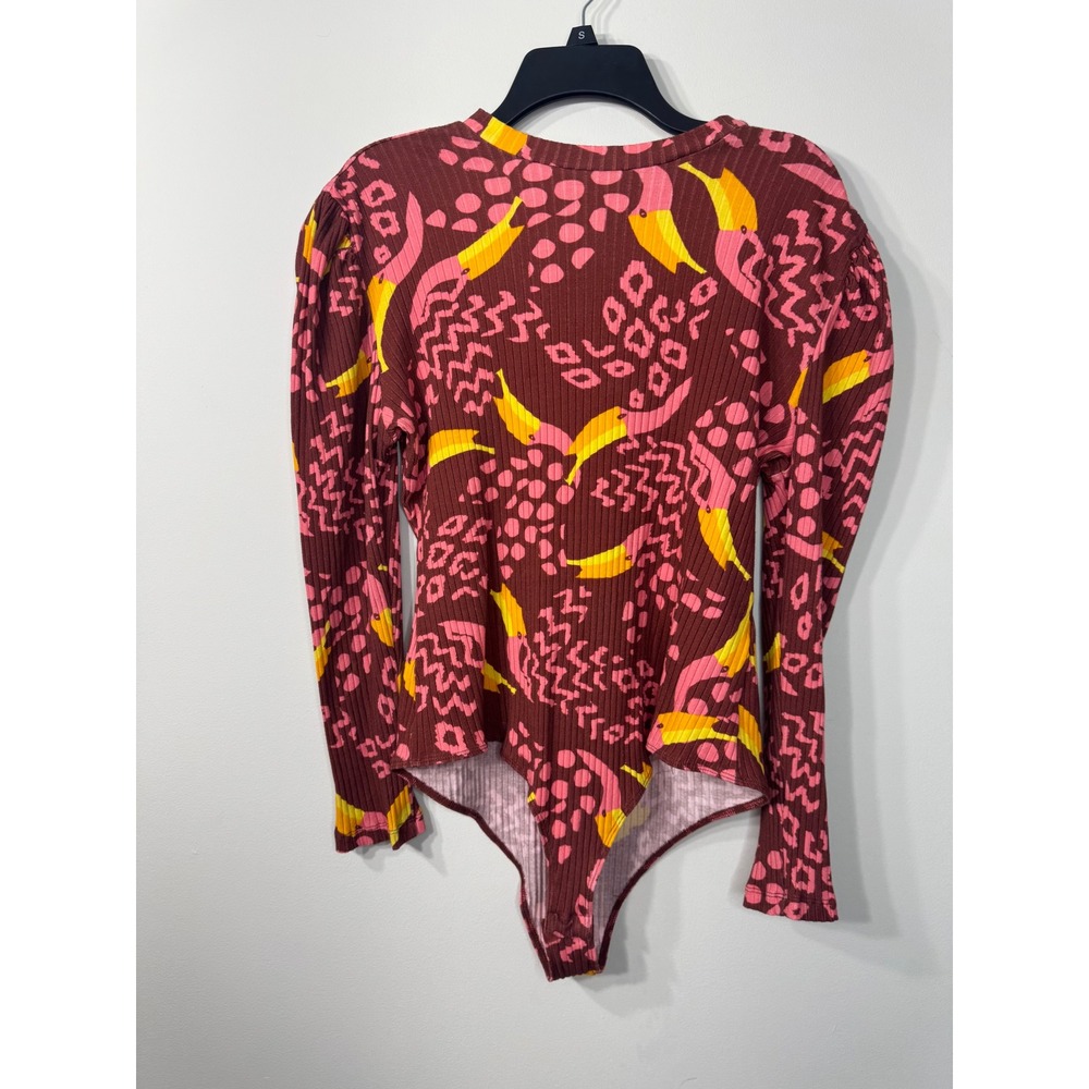 Farm Rio Banana Leopard Ribbed Bodysuit Burgundy Pink XL